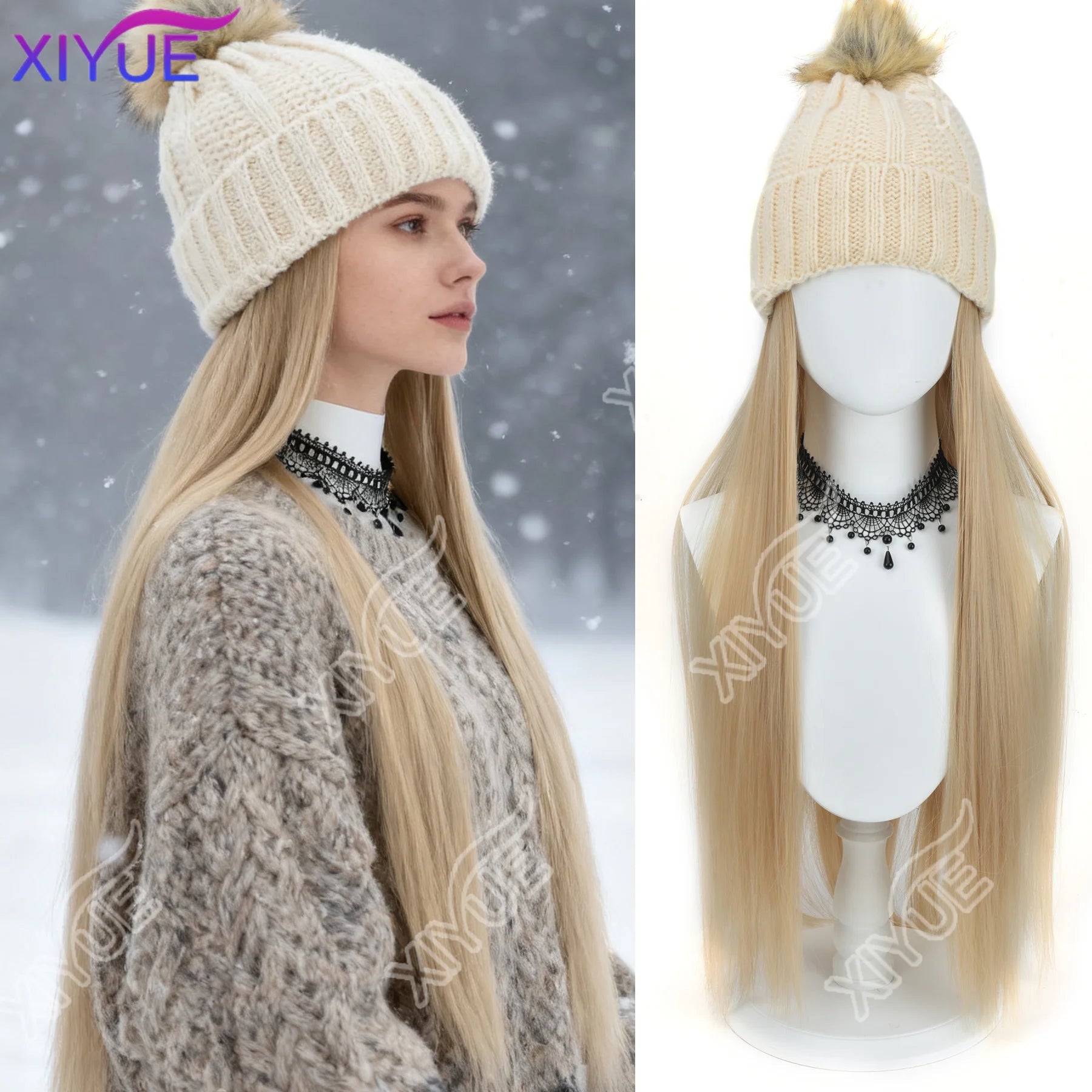 Sombrero de peluca de ala ancha sintético negro con correa para peluca de mujer, peluca sintética larga con ondas de agua, gorro de esquí cálido de felpa tejida para otoño e invierno