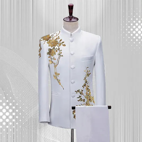 Fashion Men Stand Up Collar Floral Suit Luxurious Sequin Clothing Male Business Social Wedding Ball Party Dress Blazer and Pants