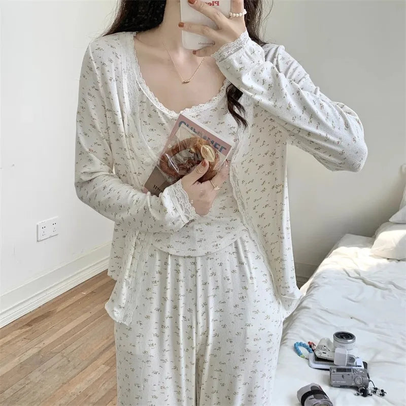 Three-Piece Pajama Set for Women Floral Lace Sweet Cardigan Camisole Homewear Long Sleeves Long Pants Fancy Underwear Ladies