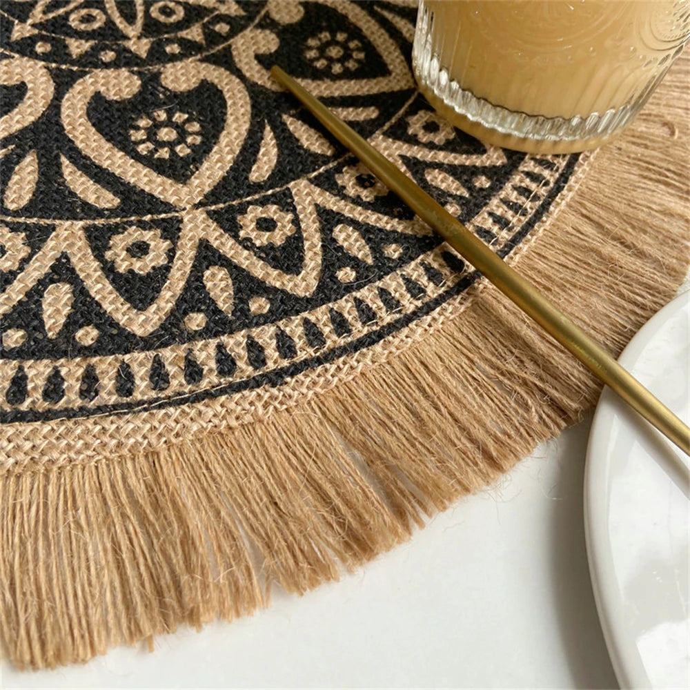 Vintage Pastoral Round Cotton Linen Placemats Handwoven Jute Tassels Placemats Soft Non-slip Table Pads Vase Mats Accessories