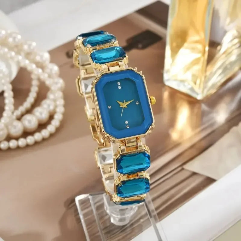 New Retro Shiny Rectangular Dial Rhinestone Bracelet Watch for Women Luxury Gold Color Stainless Steel Ladies Wristwatch