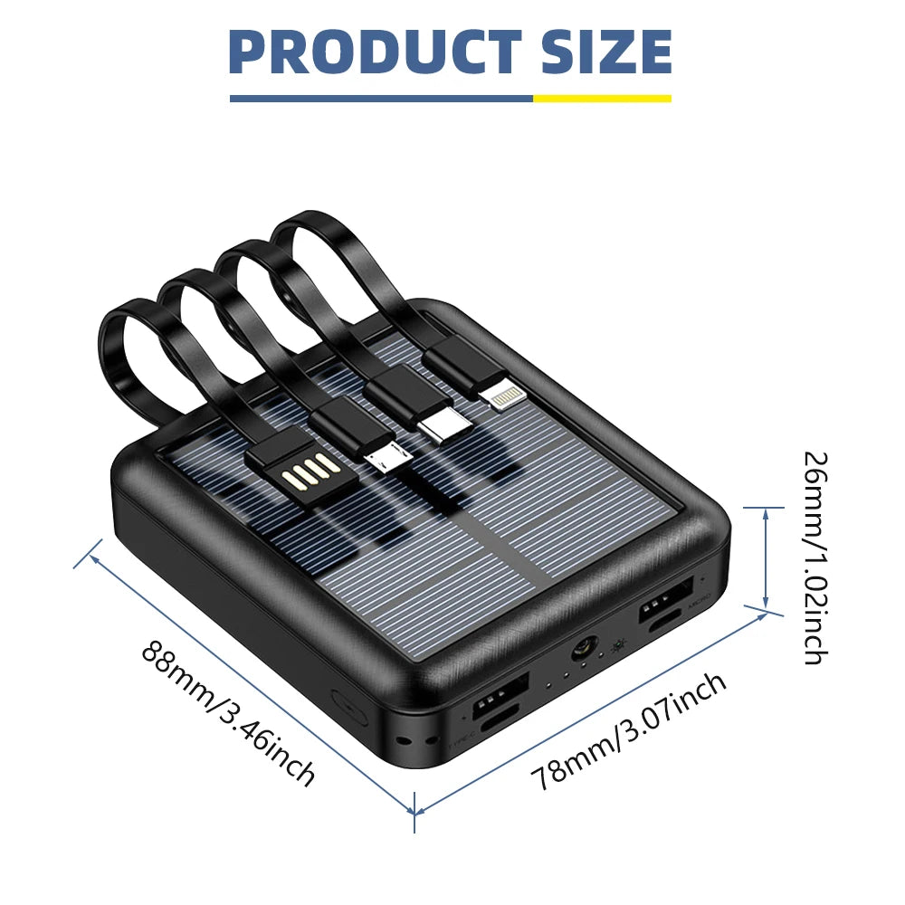 20000mAh Solar Power Bank Dual USB 4 Cables Portable Large Capacity Charger Super Fast Charging USB TypeC Outdoor Power Bank
