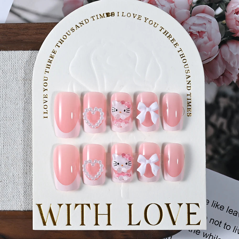 24pcs 3D Hello Kitty Heart Bow False Nails Pink-White French Press on Nails Medium Square Fake Nails for Daily/Party/Gathering *
