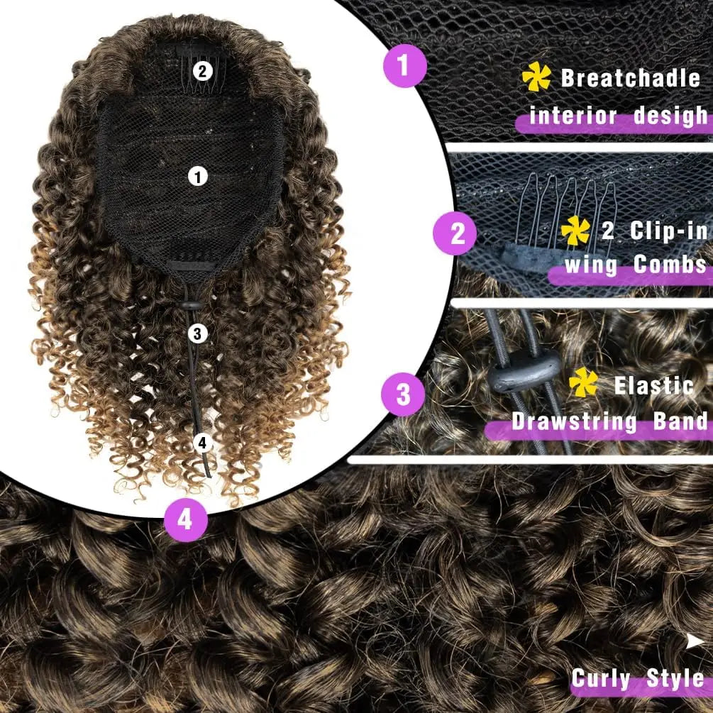 Synthetic Short Afro Kinky Curly Ponytail Hair Piece for African American Ponytail Extension Afro Kinky Curly Ponytail for Women