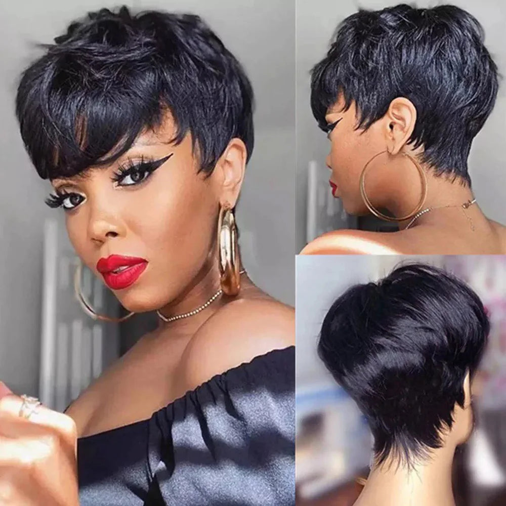 Pelucas Pixie Cut Pelucas de Cabello Humano Peluca Corta Pixie Cut de Cabello Humano para Mujeres Negras Pelucas Hechas a Máquina con Flequillo