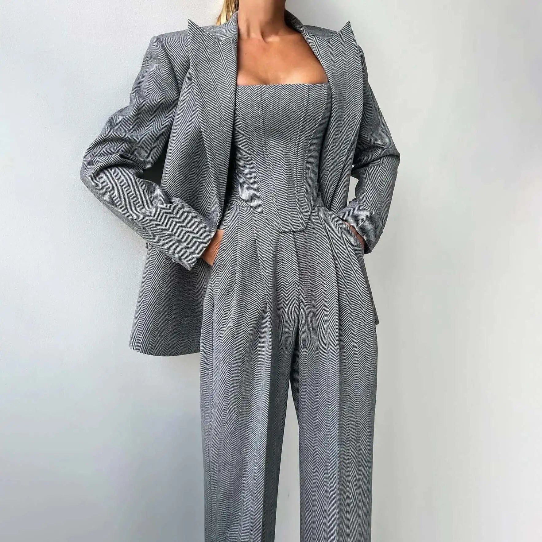 [Vibe] Women's Blazer Three Piece Solid Slim Vest Loose Blazer High Waist Pants Suit Streetwear Casual Female Pants Suit
