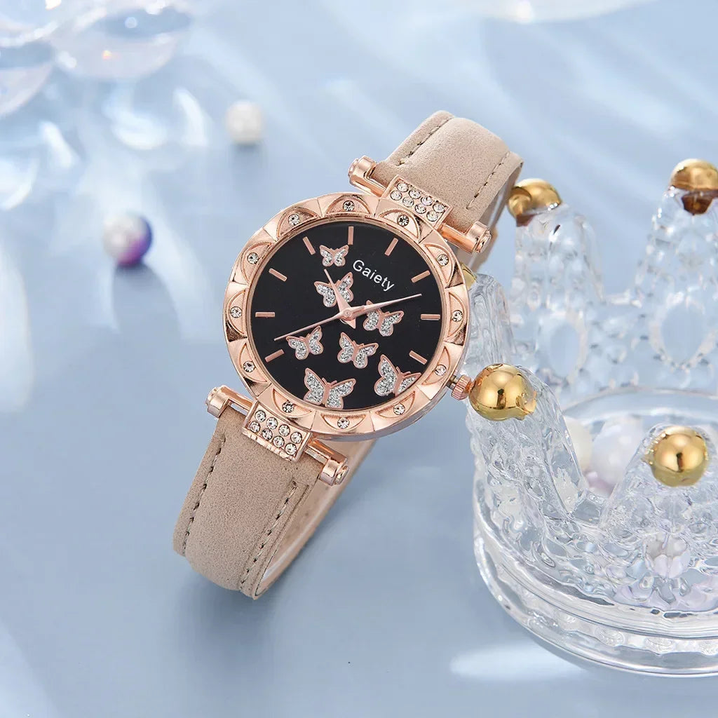 Conjunto de Reloj, Anillo, Collar, Pendientes y Pulsera para Mujer Relojes de Mariposa con Correa de Cuero reloj de señora relogios feminino reloj mujer