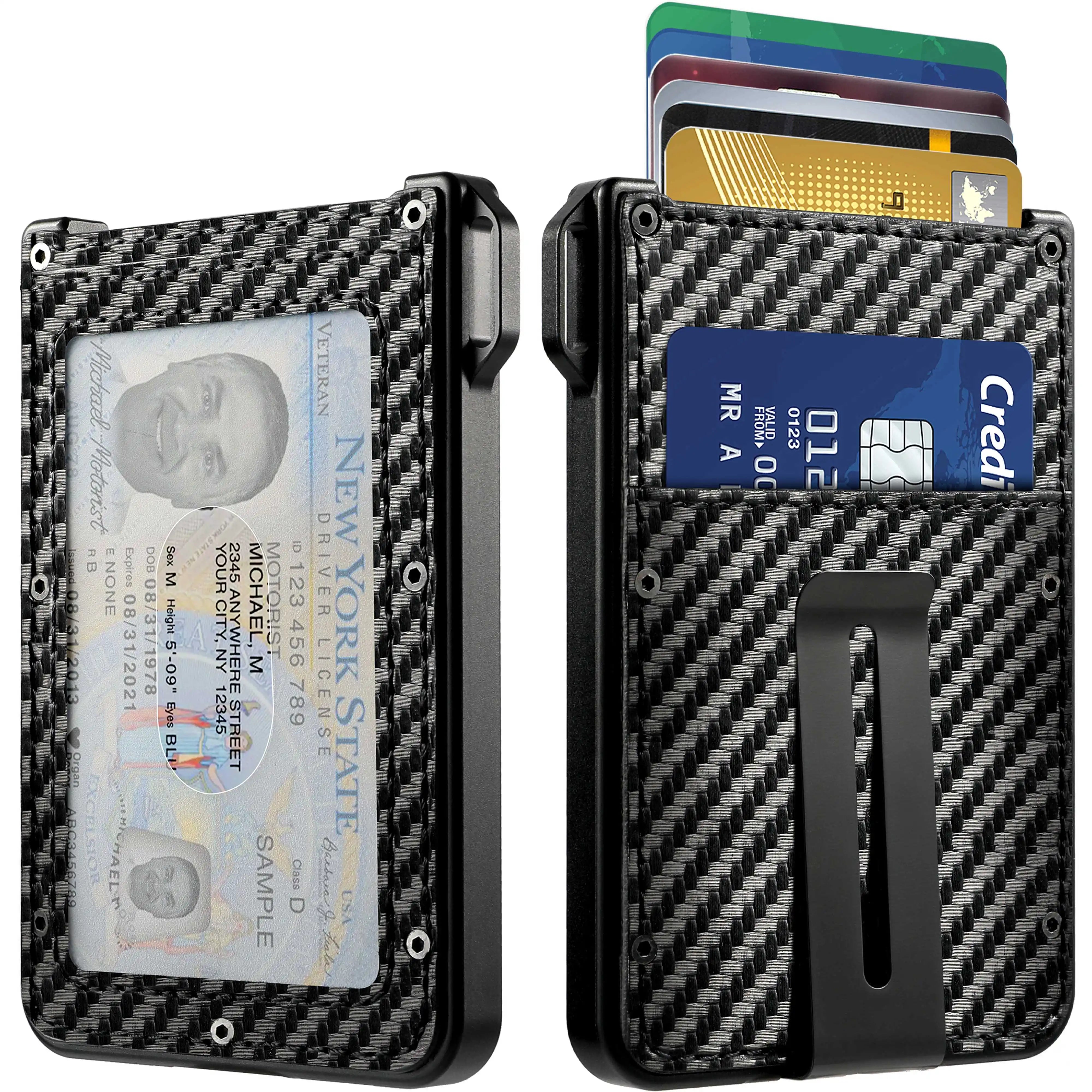 Billetera para hombre - Billetera de cuero de fibra de carbono delgada de aluminio, tiene capacidad para 10 tarjetas, tarjetero con portatarjetas de identificación transparente, clip para billetes