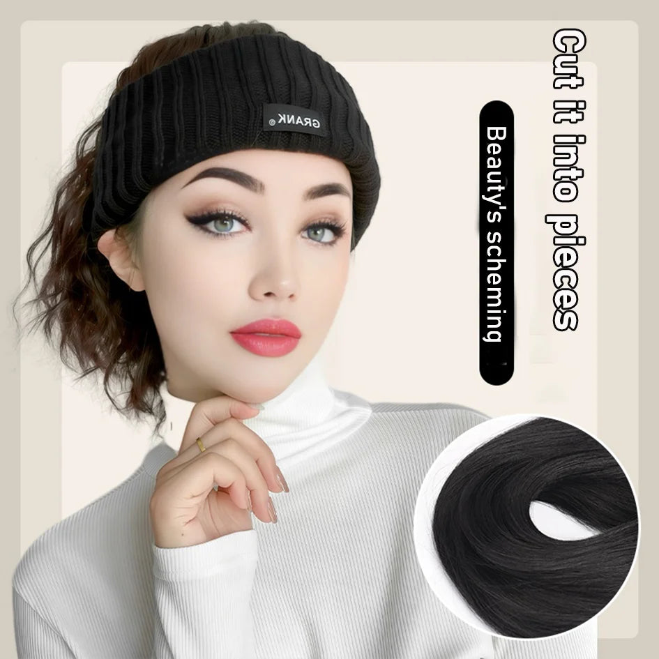 Gorro de punto de 12 pulgadas negro sintético con parte superior hueca, extensiones de peluca de cola de caballo con ondas de agua, logotipo bordado, invierno cálido, Navidad