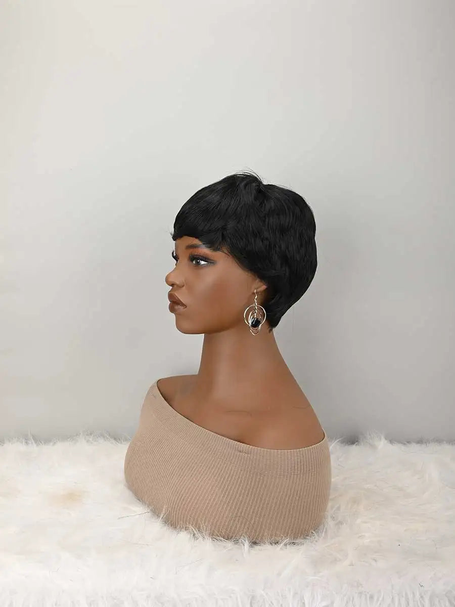 Short Bob Wig For Women Pixie Cut Wigs Glueless Wig None Lace Front Wig With Bangs Natural Black Straight Full Machine Made Short Layered For Daily Use