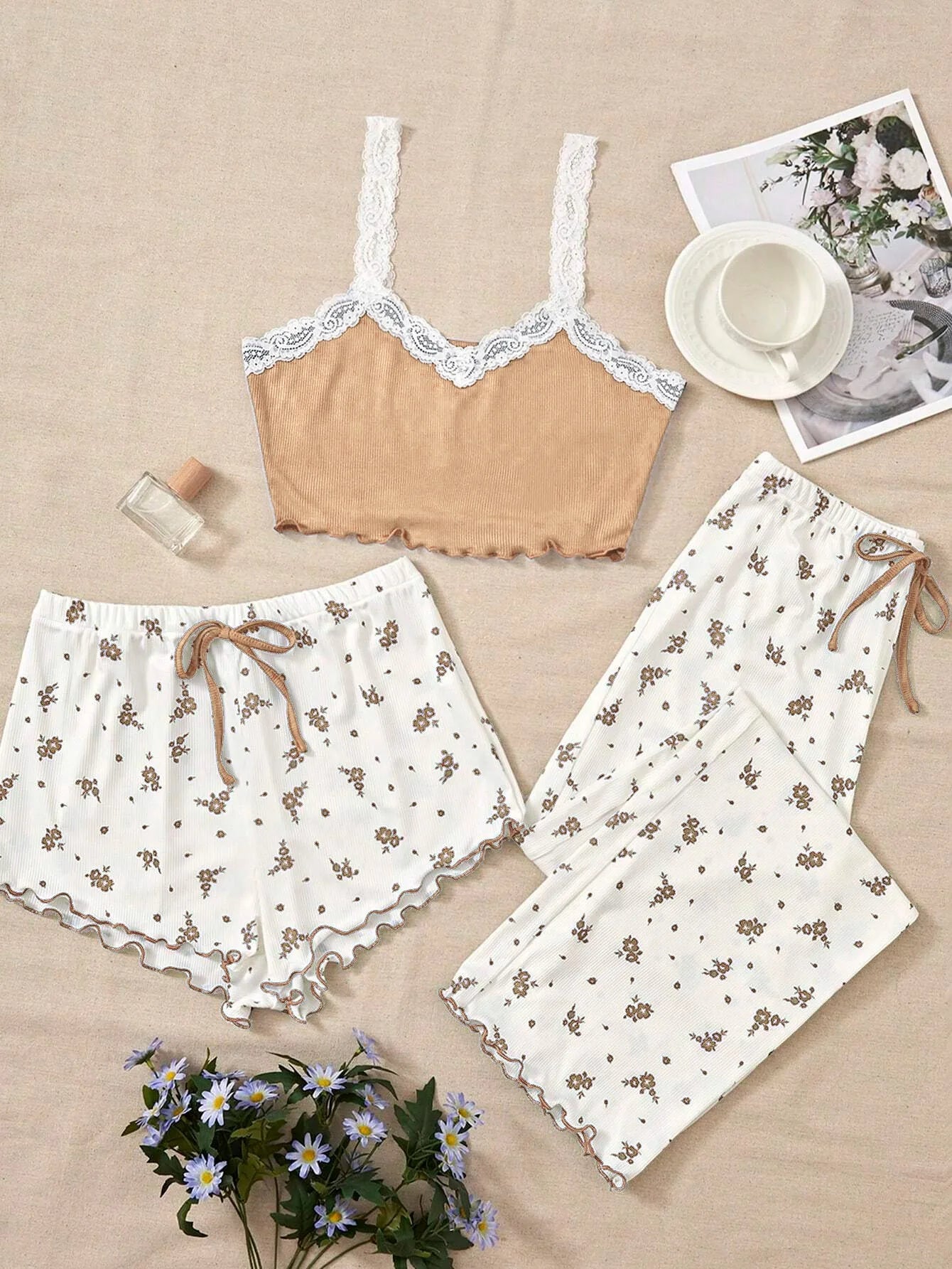 Women 2psc Pajama Set Pink Lace Patchwork V-Neck Sleepwear Sexy Nighties Suit Cami Top Printed Shorts Soft Pyjamas Loungewear