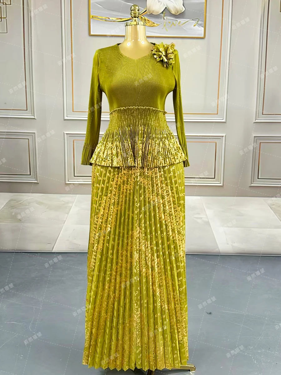 Luxury Women Chic Evening Dresses Formal Ball Gowns Elegant Party Miyake Pleated Long Sleeve Dress Female Plus Size Clothes