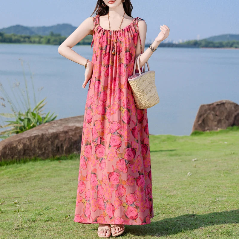 New Fashion Hot Summer Dresses For Women  Casual Flower Print Floral Sleeveless Dress Vintage Dress Loose Women Clothing