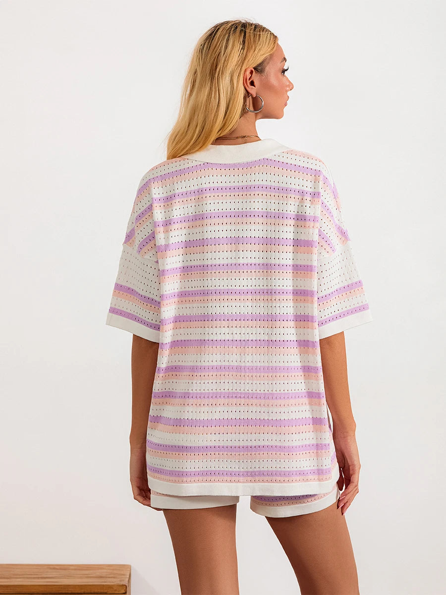 Conjunto de Pijama de Mujer de 2 Piezas Trajes de Salón Verano Rayas Contraste de Color Botón Tops de Punto de Ganchillo y Pantalones Cortos Conjuntos de Salón Playa