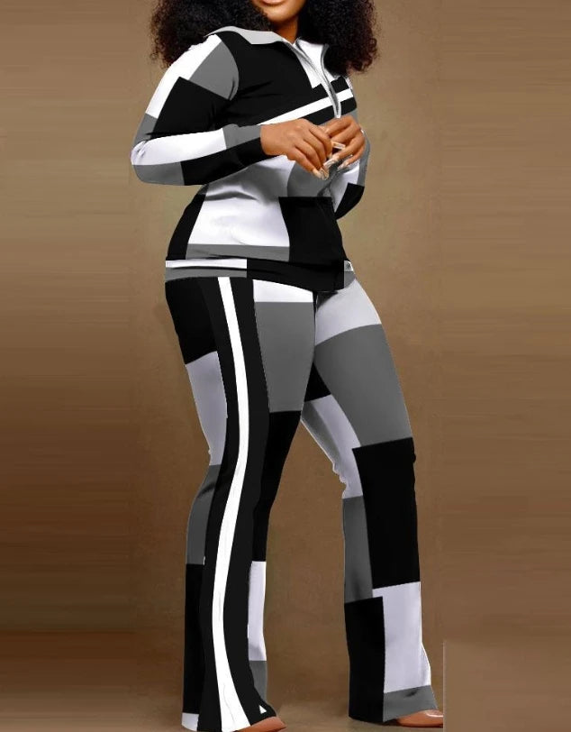 Two Piece Set Women Outfit Autumn Fashion Geometric Print Stand Collar Long Sleeve Zip Up Top & Casual Sporty Pants Set