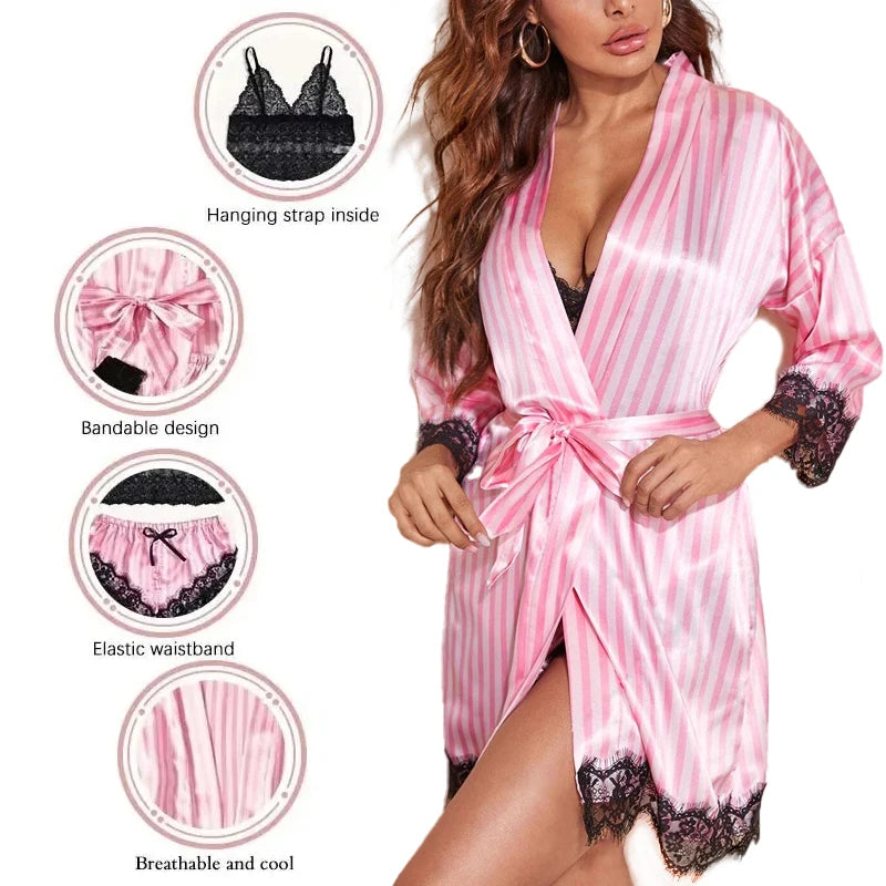 Women Satin Silk Pajamas Set 4 Pcs outfit Sexy Striped Lace Nightwear Sleepwear Ladie Lingеrie Robe Pajama Pants New in Matching