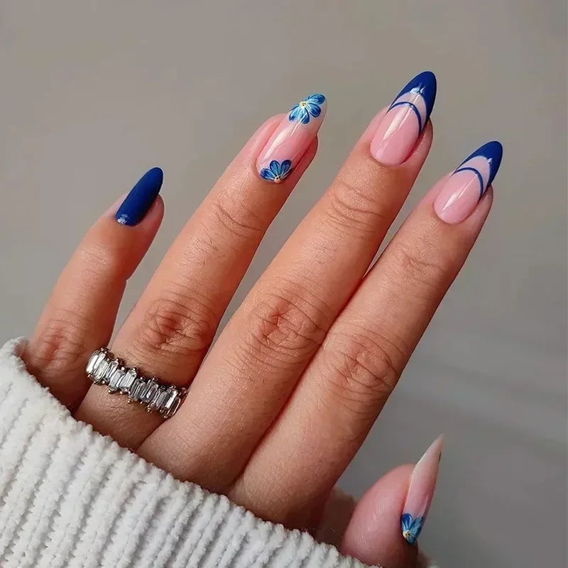 French Press on Fake Nails with Flowers Designs Summer Blue Short Almond False Nails Wearable French Full Cover Press on Nails