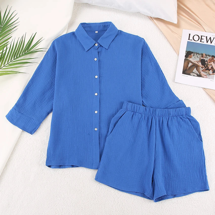 Cotton Pajamas For Women Sets Suit Casual Sleepwear Turn-Down Collar Nine Quarter Sleeve Sleep Tops Shorts Female Homewear 2023