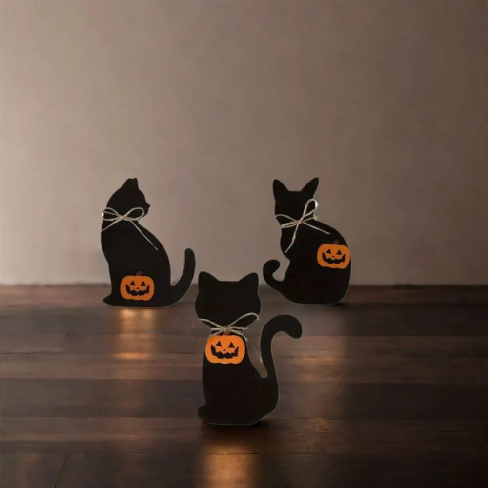 3pcs Table Centerpiece Decoration Wooden Halloween Black Cat Ornament Cute Decorative Cat Sculpture Vivid Animal Statue Tabletop