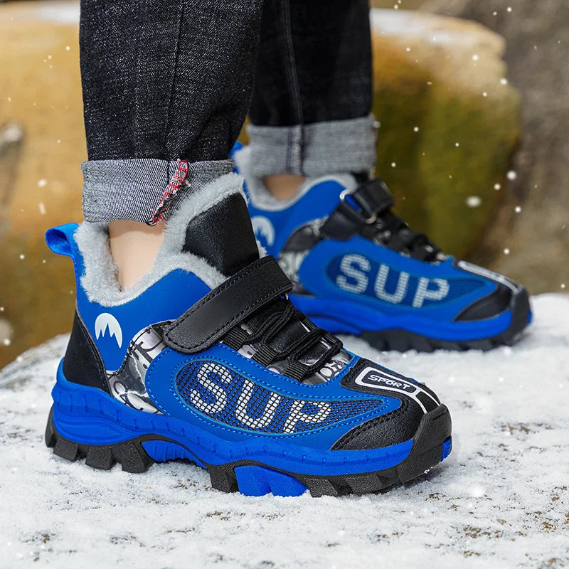 Winter Plus Velvet Hiking Shoes For Kids Non-slip Platform High Top Sports Shoes Boys Outdoor Warm Plush Children's Sneakers