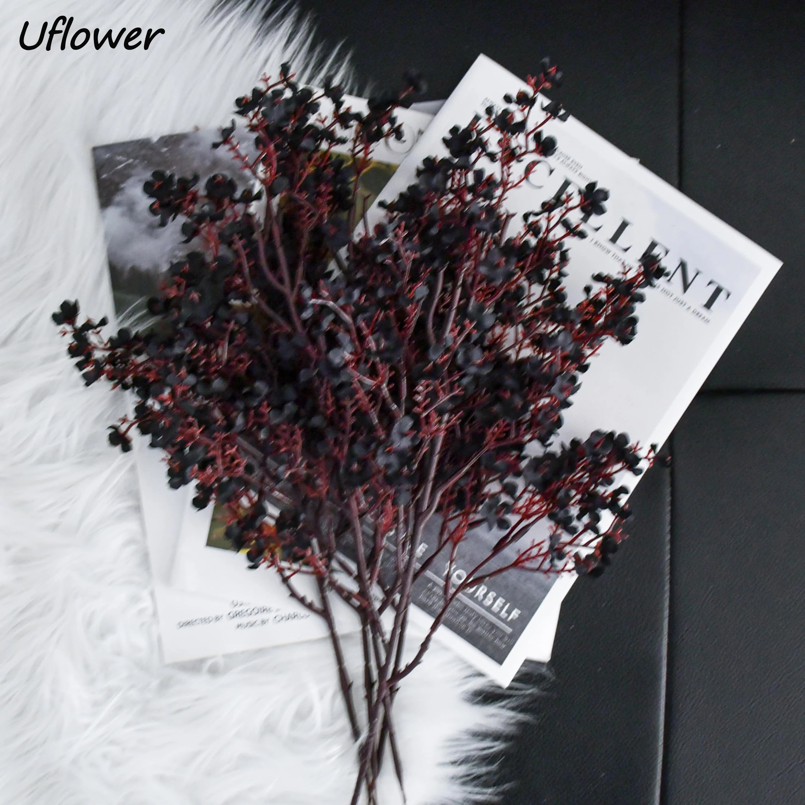 Black Artificial Flowers Cherry Blossoms Gypsophila Fake Plants DIY Wedding Bouquet Vases for Home Decor Faux Christmas Branch