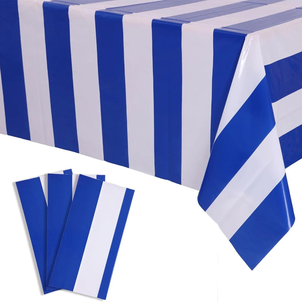 1 PC Blue&White Striped Tablecloth, Waterproof Plastic Table Cover, Rectangular Table Cloths for Shower Nautical Theme Party