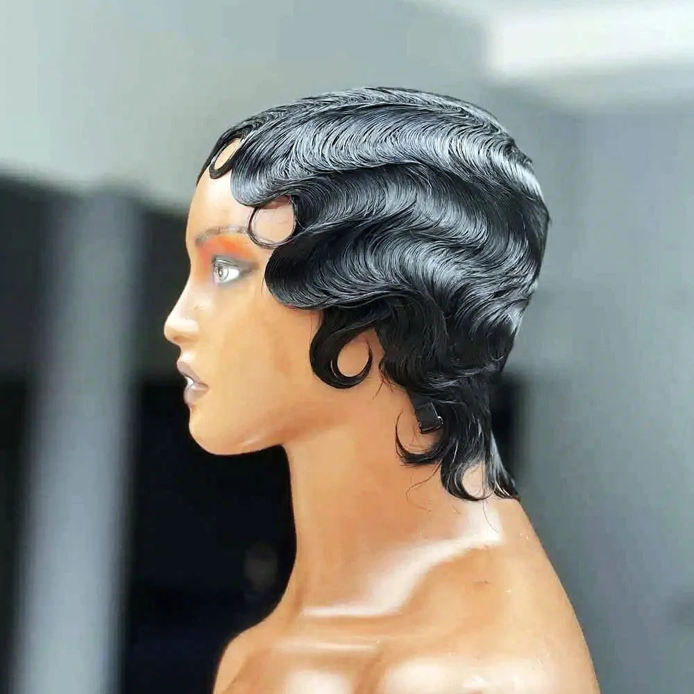 Short Human Hair Wigs for Women Ocean Finger Wave Pixie Cut Wig Human Hair