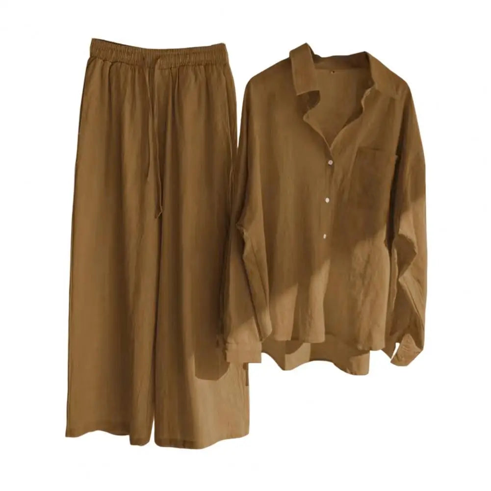 2 Pcs/Set Women Tops Pants Set Blouse Trousers Suit Skin-touch Long Sleeves Cardigan Solid Color Wide Leg Daily Clothes