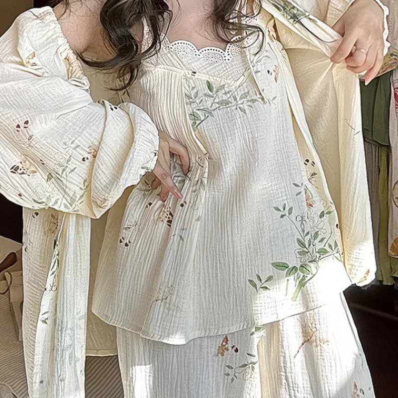 Pajama Pants Set Three-piece Set Women's Clothing Homewear Spring Summer New Cute Casual Stylish Versatile Wearable Simple Loose