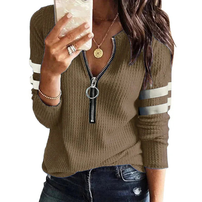 Women V Neck Fashion Casual Pullover Striped Print Zipper Front Long Sleeve Top Tops