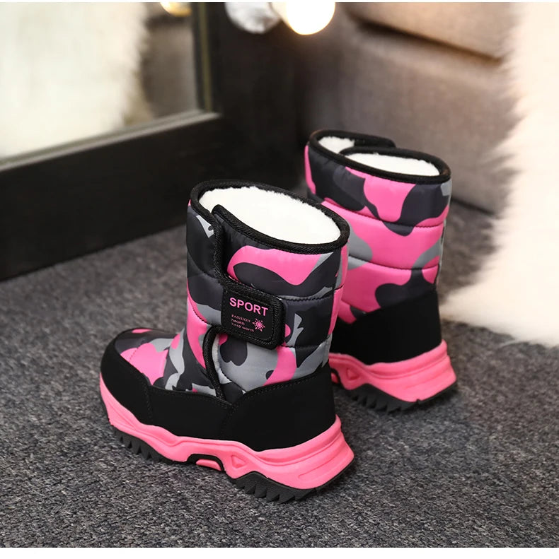 Winter Children Shoes Plush Waterproof Fabric Non-Slip Girl Shoes Rubber Sole Snow Boots Fashion Warm Outdoor Boots