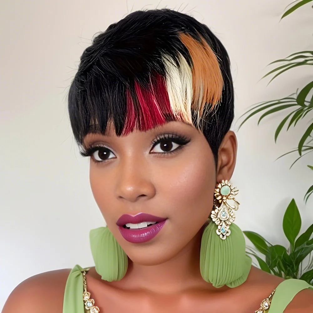 Ombre Color Wig 6inch Short Pixie Cut Straight Human Hair Wigs for Women Vibrant Multi-Tone Highlights Natural Look for Daily Party Use