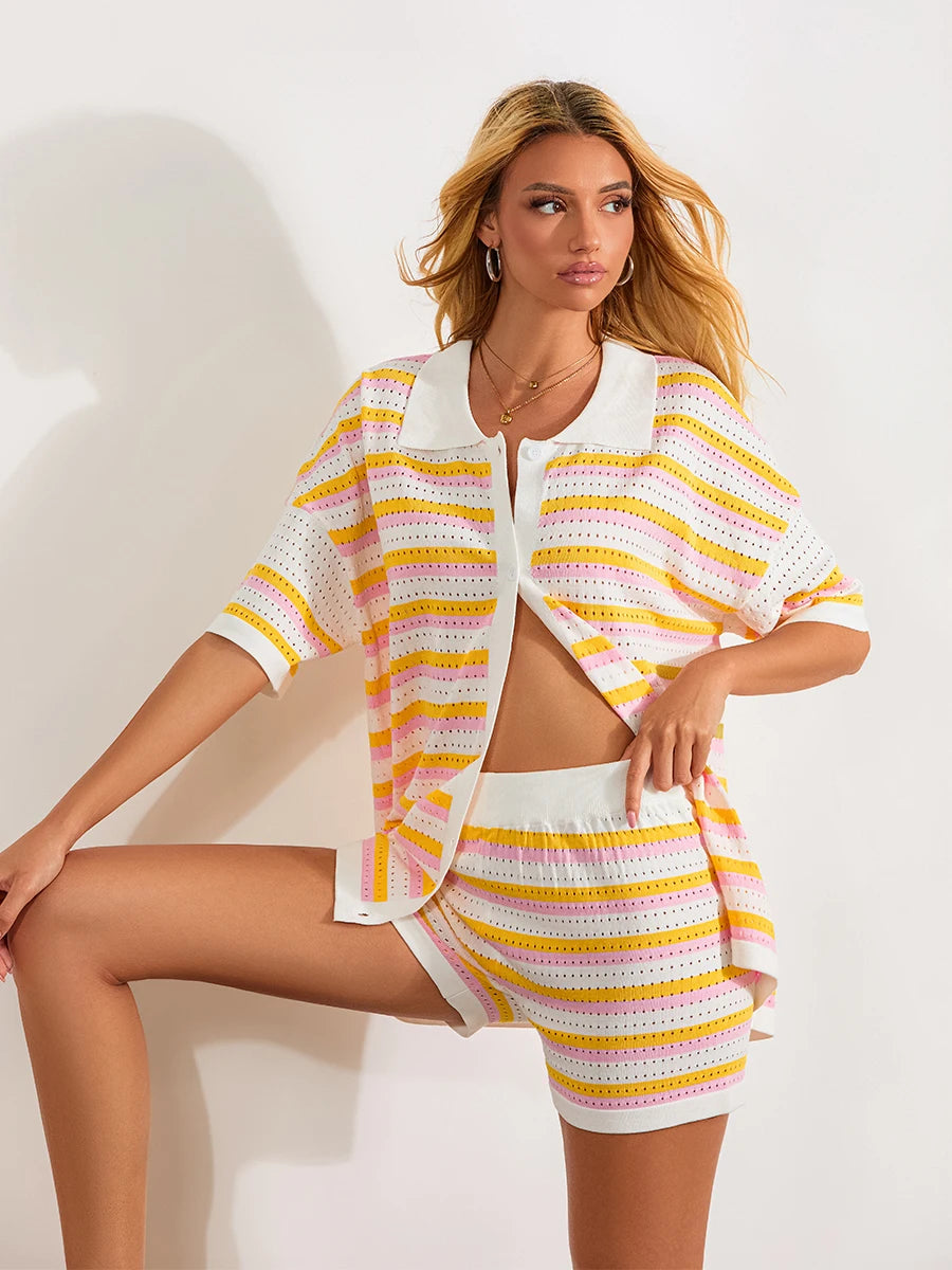 Conjunto de Pijama de Mujer de 2 Piezas Trajes de Salón Verano Rayas Contraste de Color Botón Tops de Punto de Ganchillo y Pantalones Cortos Conjuntos de Salón Playa
