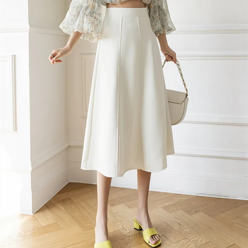 Women's Skirt Spring Women High Waist Solid Vintage Girl's Waist Down Skirt Knee-length A-line Fashion Thin Skirt for Women