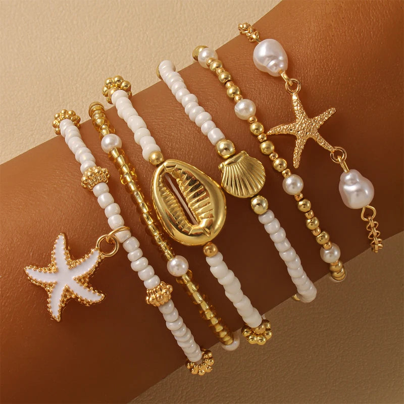 Bohemian Shell Starfish Bead Bracelet Set for Women Fashion Summer Beach Multilayer Stacked Pearl Bracelets Party Jewelry Gifts