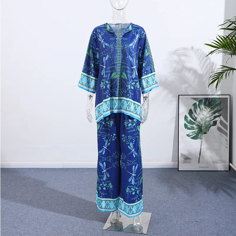 Conjunto de pantalones largos estampados para mujer, elegante camisa de manga larga con cuello en V, pantalón ancho holgado, traje de verano de 2 piezas para mujer, estilo urbano