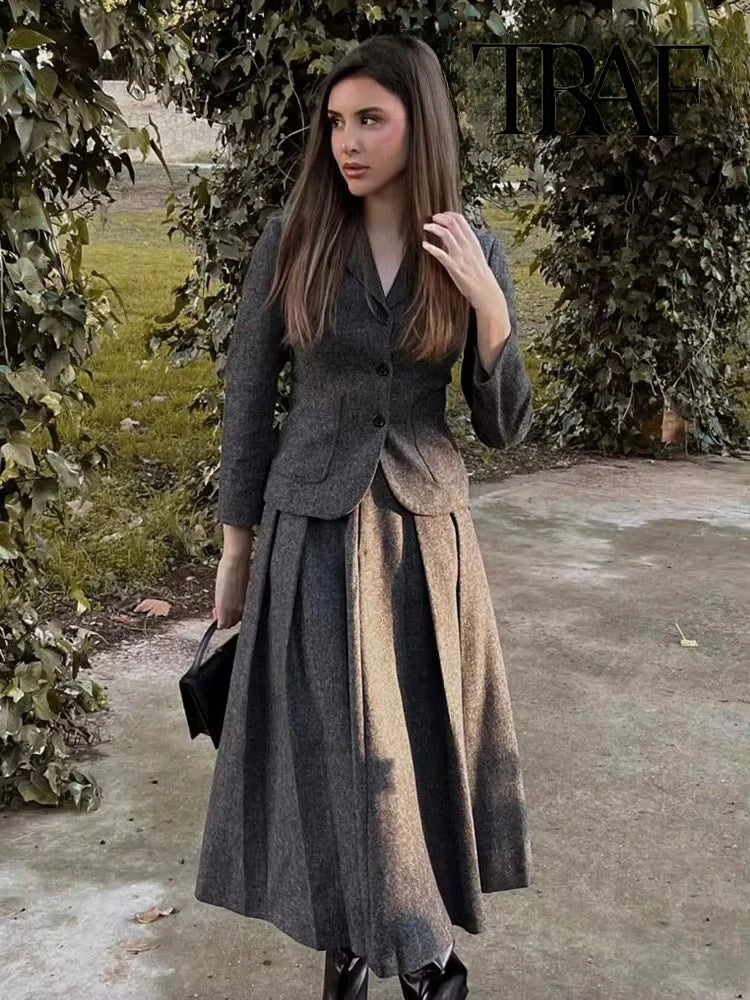TRAF Women Fashion Casual Commuter Suit Skirt Suit Autumn and Winter Single-breasted Suit Jacket High-waisted A-line Skirt Suit