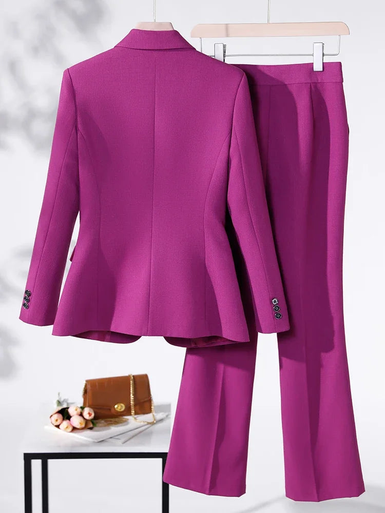 Business Work Wear 2 Piece Set Purple Blue Red Black Long Sleeve Blazer And Trouser Women Pant Suit Formal