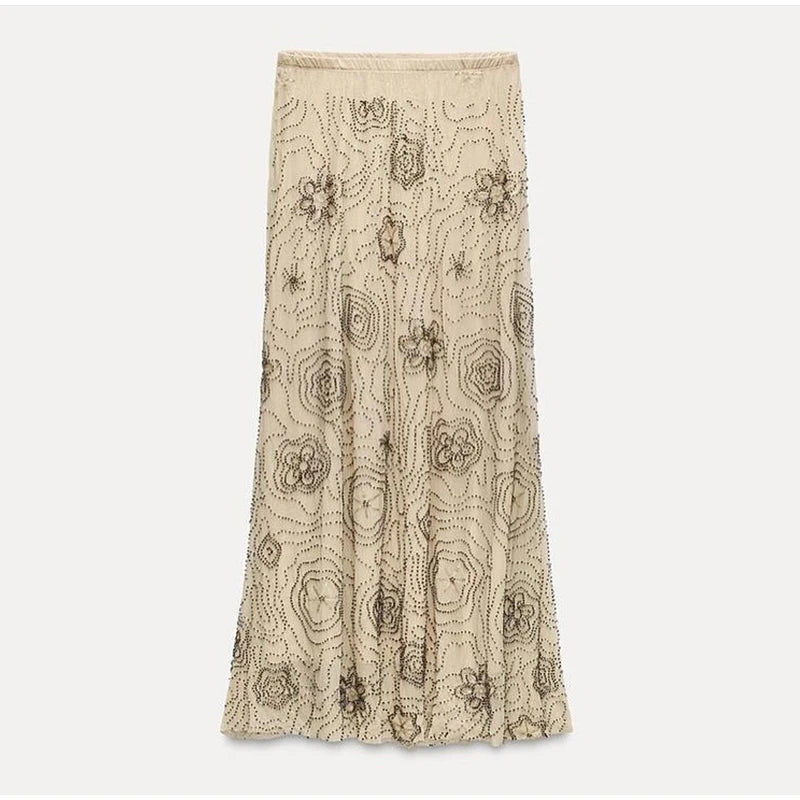 Beach Tank Top Skirt Women's Set Beading Print Shawl Collar Sleeveless Tops Pleated Maxi Skirts 2025 Summer Fashion Lady Outfit