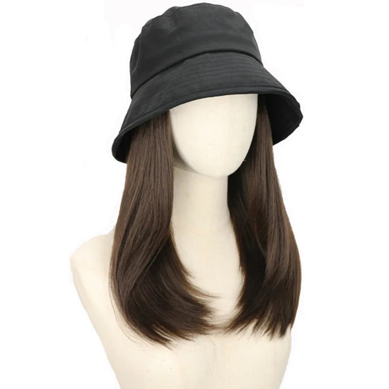 Sombrero peluca de una pieza para mujer, gorro de cubo natural a la moda, resistente al sol, peluca sintética de pelo liso, pelucas de cabeza completa para mujeres