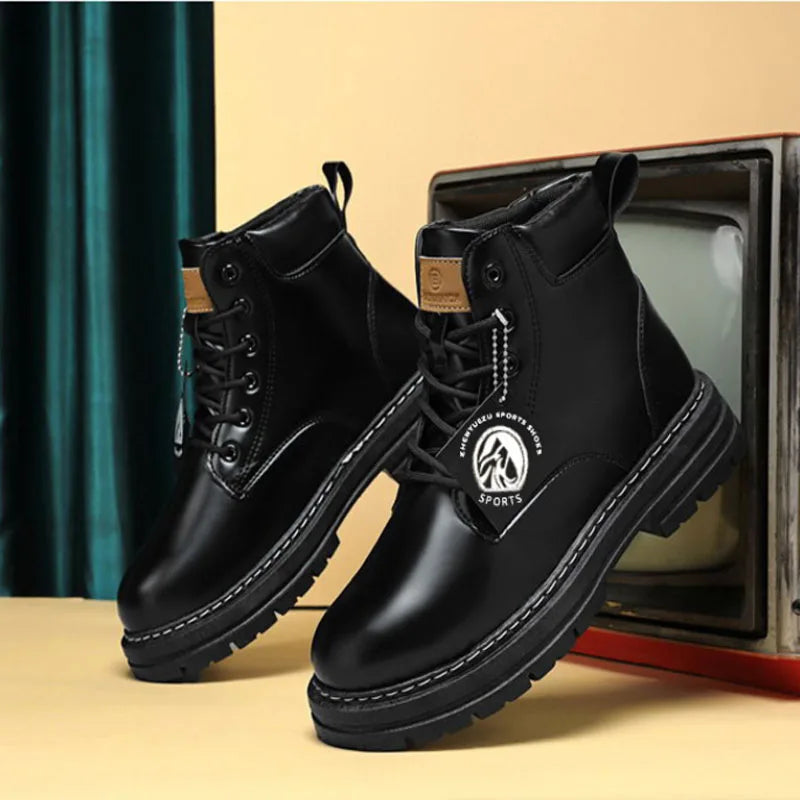 Høye støvler Herreskinnsko Motemessige motorsykkelankelstøvler for menn Vinterstøvler Herresko Snøring Botas Hombre