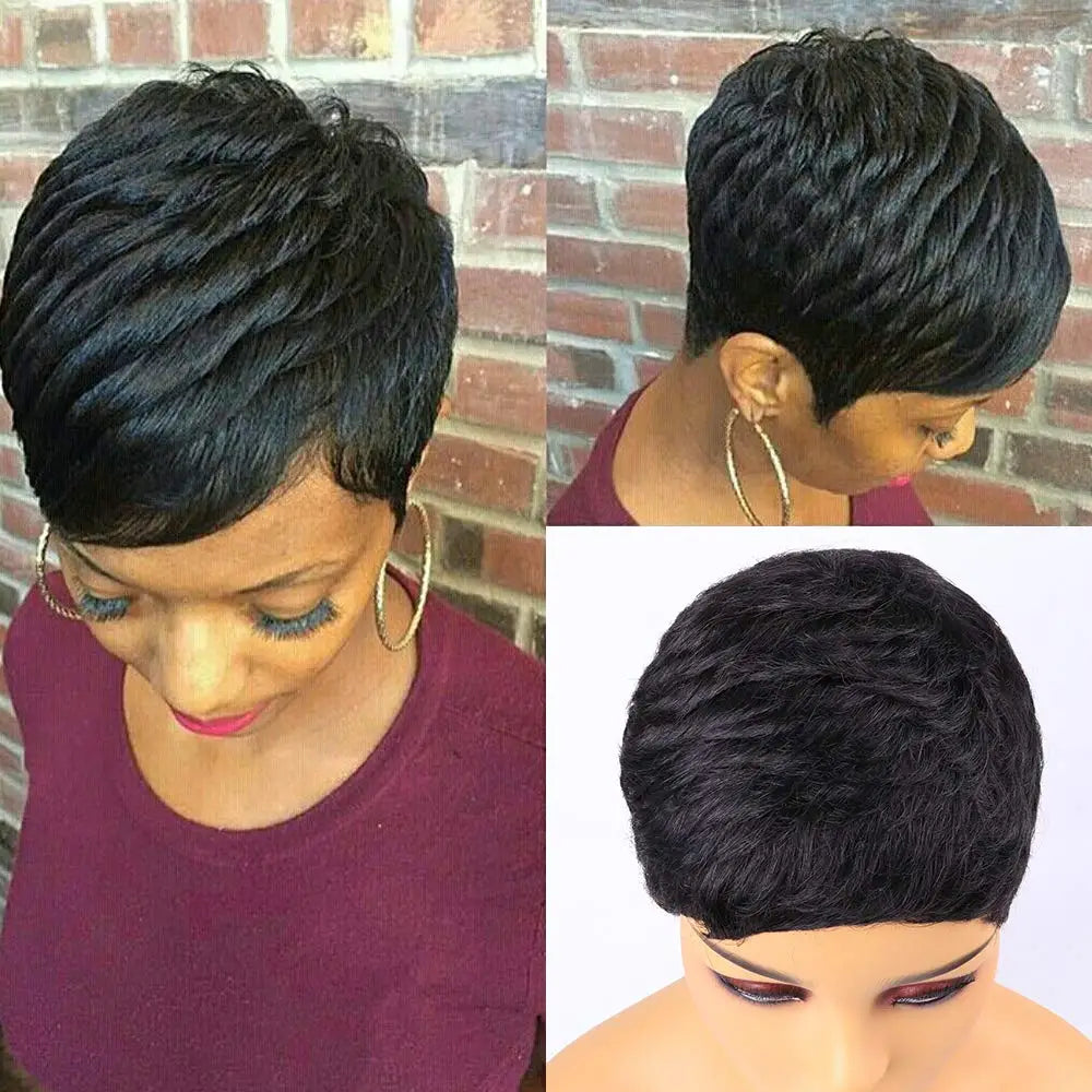 Pelucas sintéticas Pixie de pelo corto, corte pixie, pelucas cortas negras onduladas, pelucas sintéticas cortas en capas para mujeres negras, pelucas de corte pixie