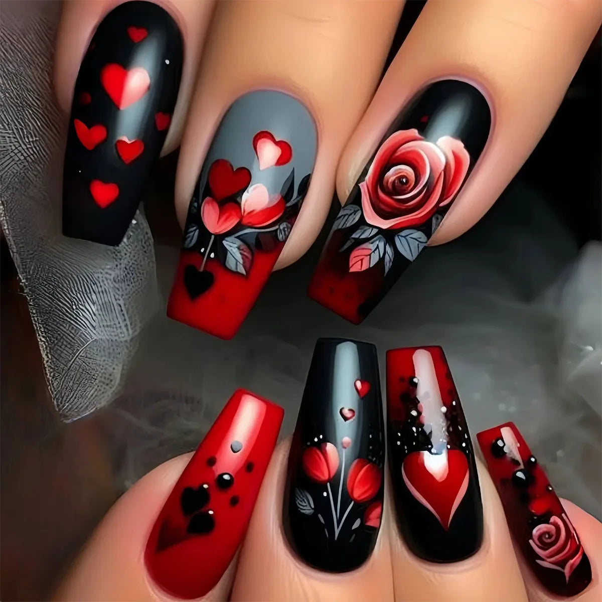 Uñas postizas Corazón y Rosa