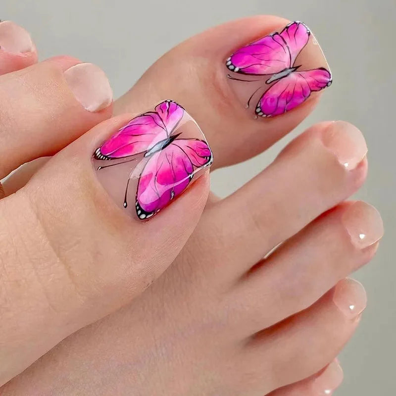 Flowers White French Artificial Toenails Nude Pink Toe False Nails with Glue Wearable Short Flat Shape Fake Toenails Wholesale