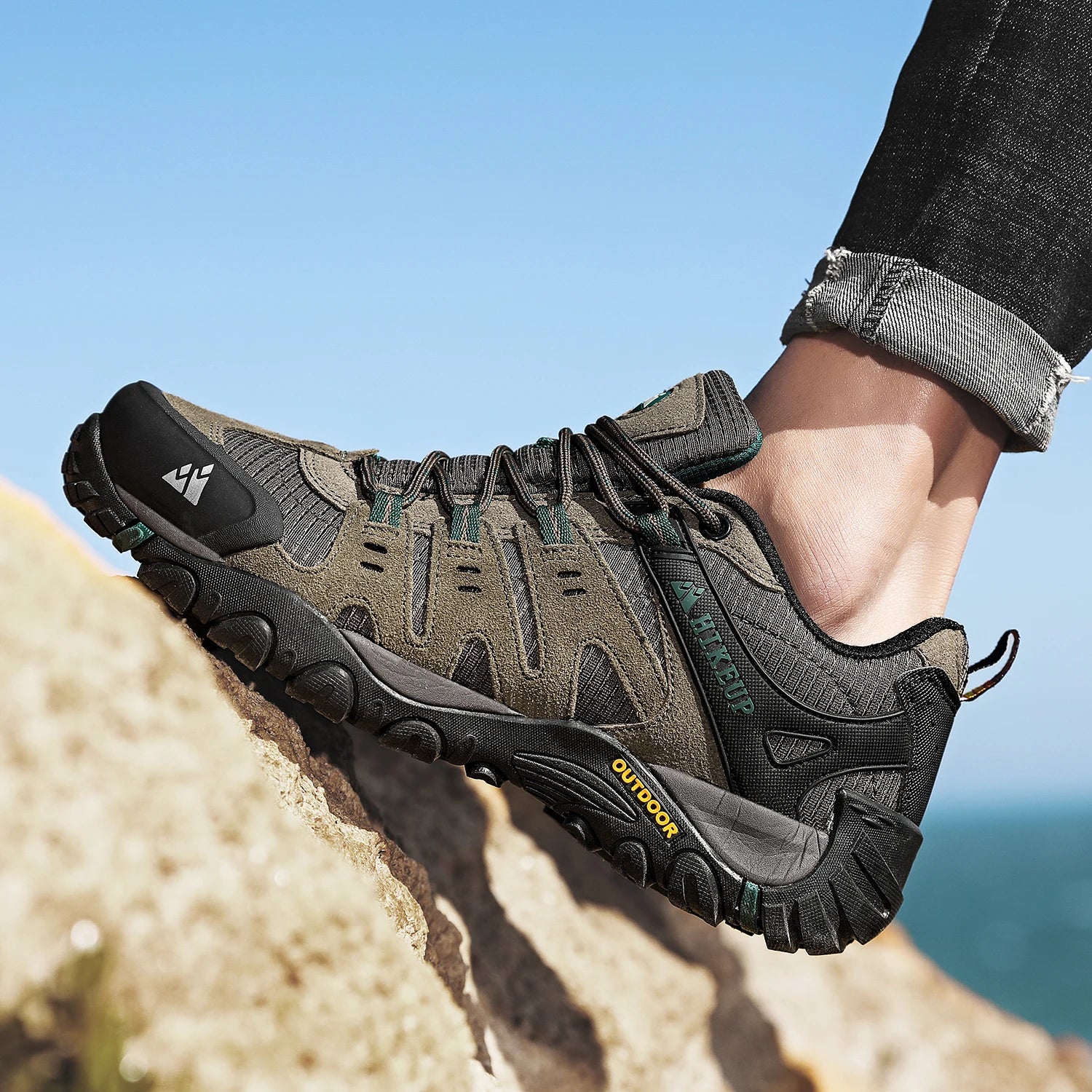 HIKEUP Zapatillas de senderismo para hombre de cuero de ante, calzado de exterior resistente al desgaste, zapatillas tácticas de trekking, senderismo y caza para hombre