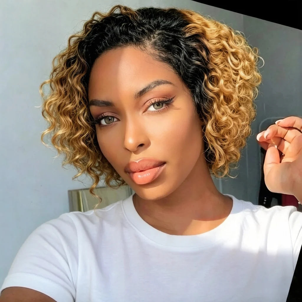 13x4 Lace Front Wig Pixie Cut Curly Brazilian Human Hair Wig 8 Inches Short Bob Wig For Women 180% Density