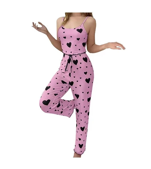 Women Sleepwear Autumn Winter Pajamas Sets Heart Print Sleeveless Cami Vest with Long Pants Trouser Set Sexy Lingerie Pyjamas