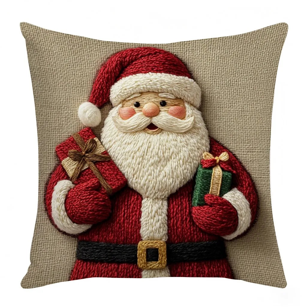 Funda de almohada navideña – Diseño de Papá Noel, muñeco de nieve y alce