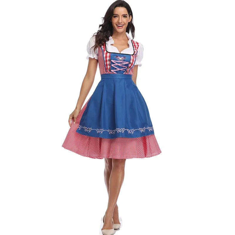 Lady Dirndl Oktoberfest Dress Women Costume Bavarian National Pink Plaid Clubwear Cosplay Halloween Carnival Fancy Party