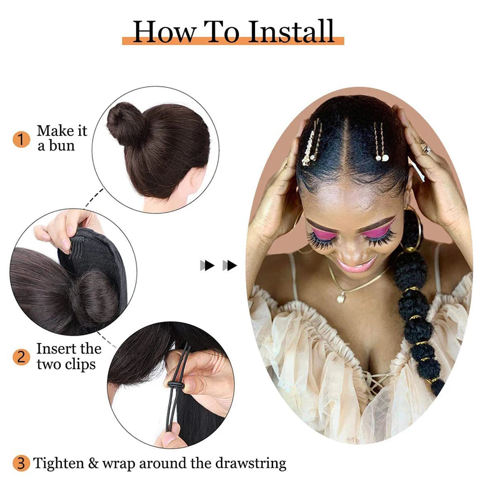 Queue de cheval bouffante afro synthétique longue droite Yaki avec tresses en lanterne, extension de queue de cheval à bulles avec cordon de serrage et pince pour femmes noires